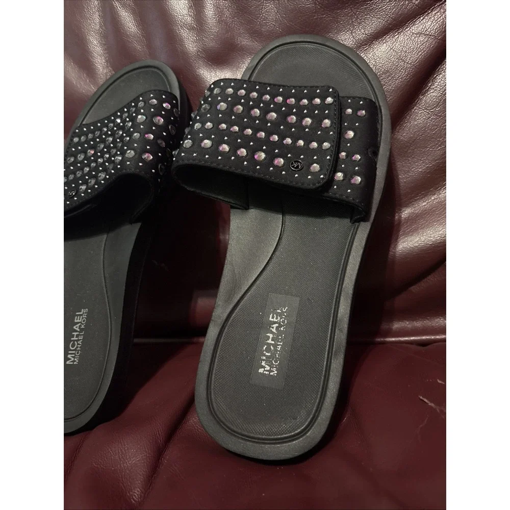 Michael Kors MK Rhinestone Diamond Black Slides Sz 8